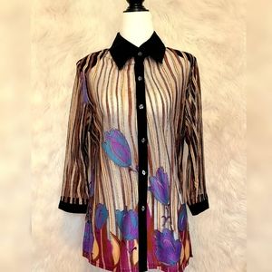 1980s Black See-through Blouse With Bright Flowers